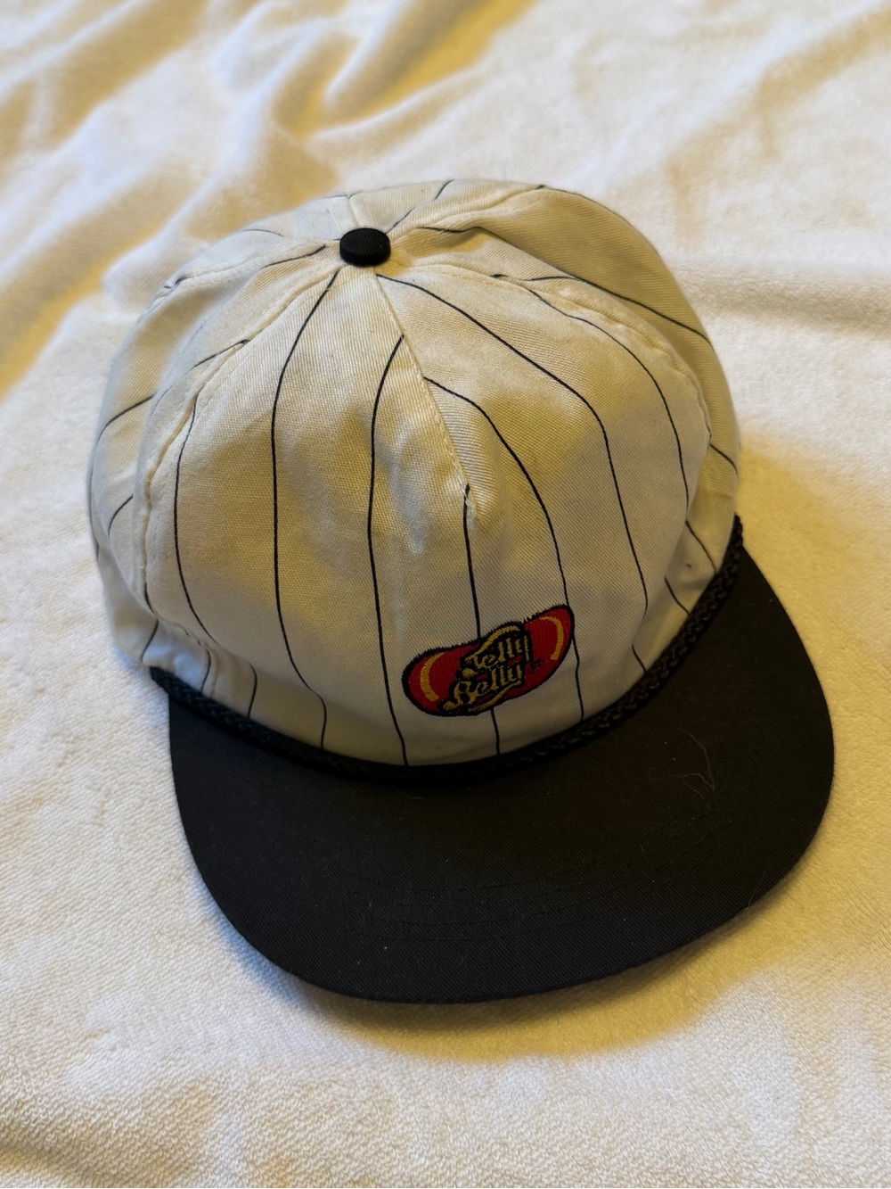 Vintage Jelly Belly Pinstripe Baseball Cap in White and Black